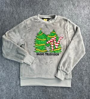 MTV Christmas Plush Fleece Sweatshirt Gray Men's Small Holiday Crewneck